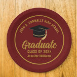 Maroon Gold Graduate Custom 2024 Graduation Party Paper Plates<br><div class="desc">This modern maroon and gold custom graduation party paper plate features classy typography of your high school or college name for the class of 2024. Customize with your graduating year under the chic handwritten script and black grad cap for great personalized graduate decor.</div>