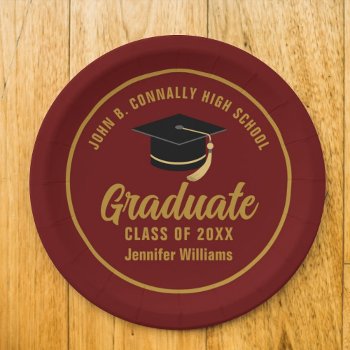 Maroon Gold Graduate Custom 2024 Graduation Party Paper Plates by epicdesigns at Zazzle