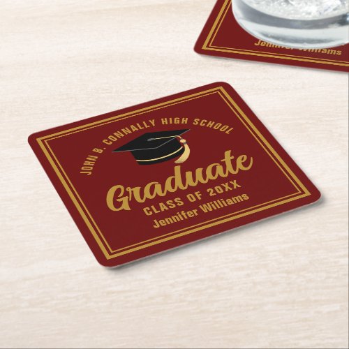 Maroon Gold Graduate Custom 2024 Graduation Party Square Paper Coaster