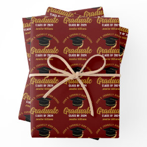 Maroon Gold Graduate Custom 2024 Graduation Party Wrapping Paper Sheets