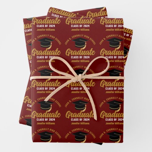 Maroon Gold Graduate Custom 2024 Graduation Party Wrapping Paper Sheets