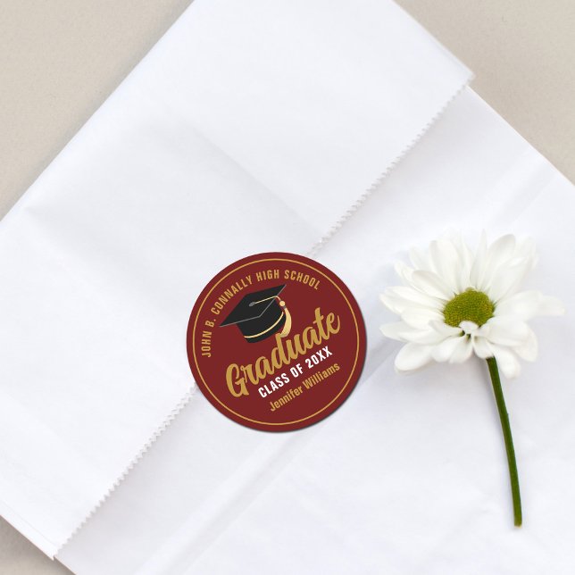 Maroon Gold Graduate Custom 2025 Graduation Classic Round Sticker (Creator Uploaded)