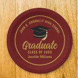 Maroon Gold Graduate Custom 2026 Graduation Party Paper Plates<br><div class="desc">This modern maroon and gold custom graduation party paper plate features classy typography of your high school or college name for the class of 2026. Customize with your graduating year under the chic handwritten script and black grad cap for great personalized graduate decor.</div>
