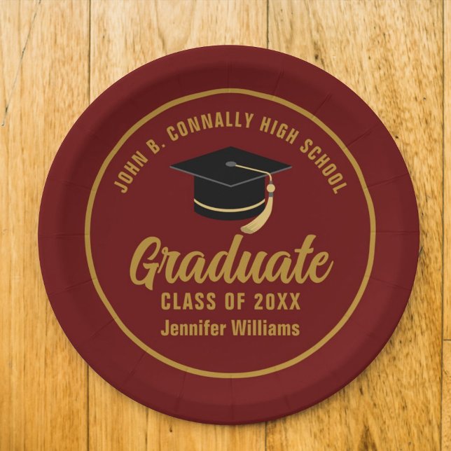 Maroon Gold Graduate Custom 2026 Graduation Party Paper Plates (Creator Uploaded)