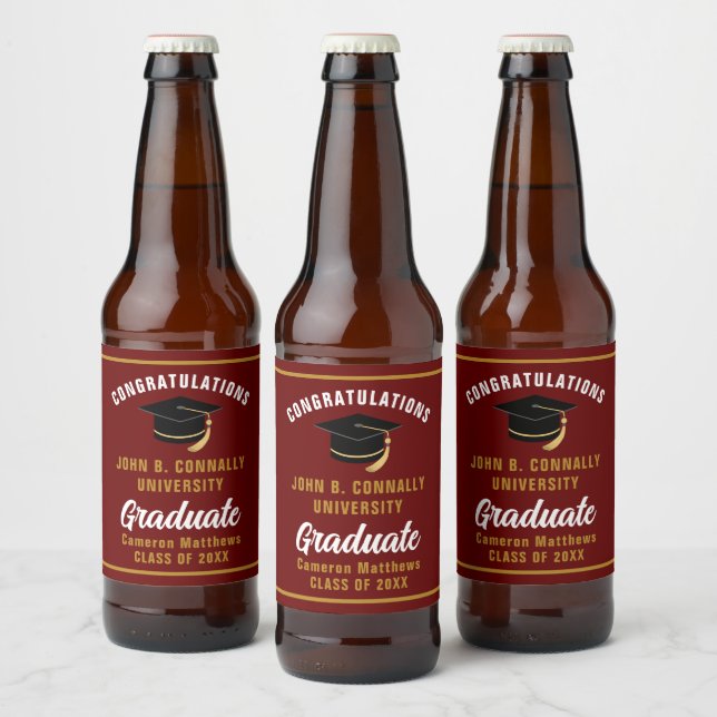 Maroon Gold Graduate Custom Graduation Party Beer Bottle Label (Bottles)