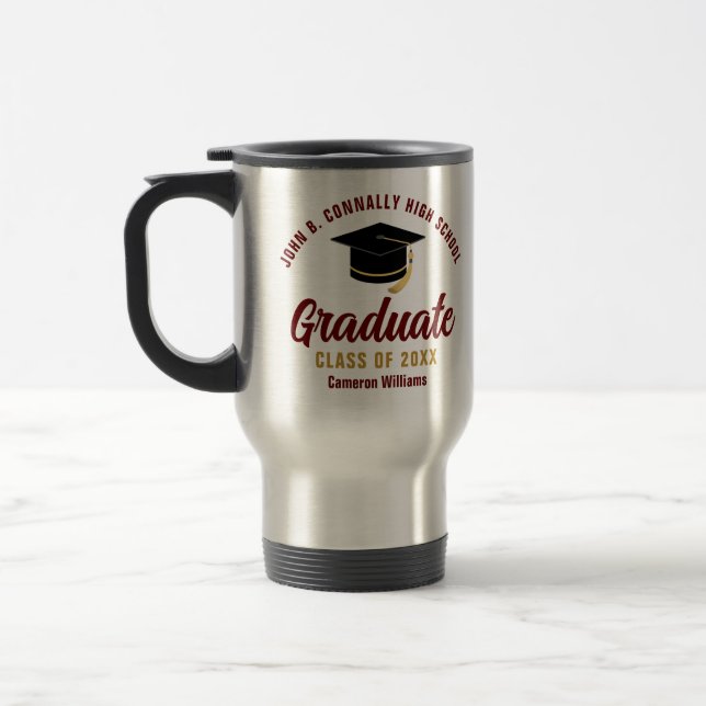 Maroon Gold Graduate Customized Graduation Travel Mug (Left)