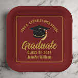 Maroon Gold Graduate Graduation Party Square Paper Plates<br><div class="desc">This modern maroon and gold custom graduation party paper plate features classy typography of your high school or college name for the class of 2025. Customize with your graduating year under the chic handwritten script and black grad cap for great personalized graduate decor.</div>