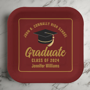 Maroon Gold Graduate Graduation Party Square Paper Plates
