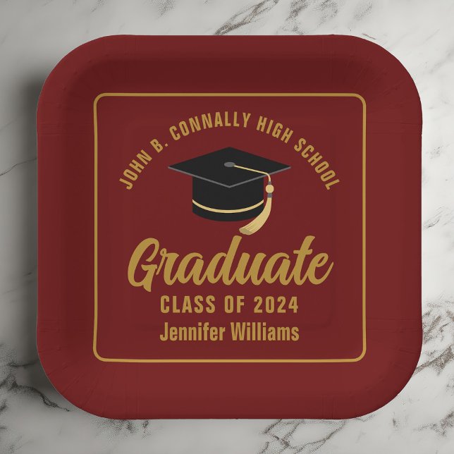 Maroon Gold Graduate Graduation Party Square Paper Plates (Creator Uploaded)