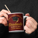 Maroon Gold Graduate Personalized 2025 Graduation Coffee Mug<br><div class="desc">This modern maroon and gold custom senior graduation mug features classy typography of your high school or college name for the class of 2025. Customize with your graduating year under the chic handwritten script and black grad cap for a great personalized graduate keepsake gift.</div>