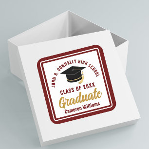 Maroon Gold Graduate Personalized Graduation Party Square Sticker