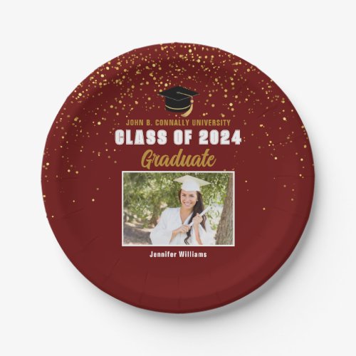 Maroon Gold Graduate Photo 2024 Graduation Party Paper Plates