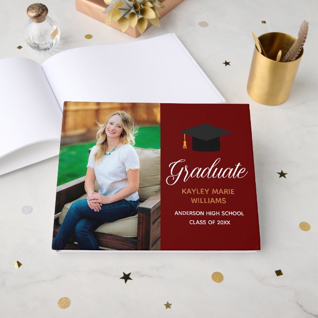 Maroon Gold Graduate Photo 2026 Graduation Party Guest Book (Front Open)