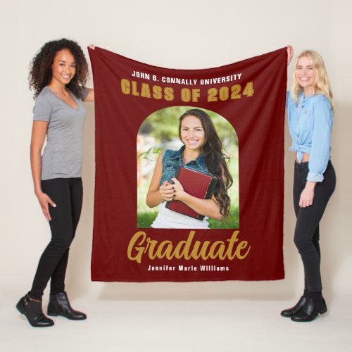 Maroon Gold Graduate Photo Arch 2024 Graduation Fleece Blanket