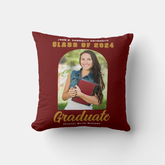 Maroon Gold Graduate Photo Arch Custom Graduation Throw Pillow (Front)