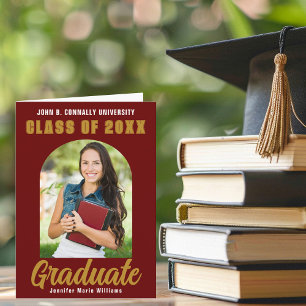 Maroon Gold Graduate Photo Arch Folded Graduation Announcement