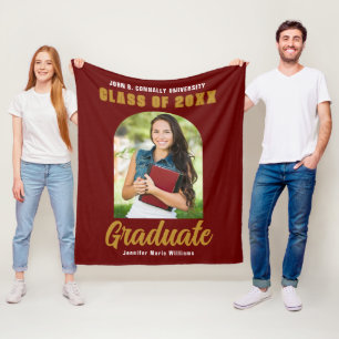 Maroon Gold Graduate Photo Arch Graduation Fleece Blanket