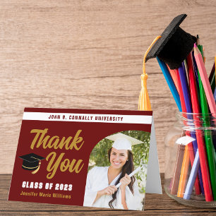 Maroon Gold Graduate Photo Chic Graduation Folded Letterpress Thank You Card