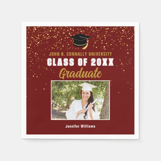 Maroon Gold Graduate Photo Chic Graduation Party Napkins (Front)