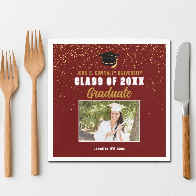 Maroon Gold Graduate Photo Chic Graduation Party Napkins (Creator Uploaded)