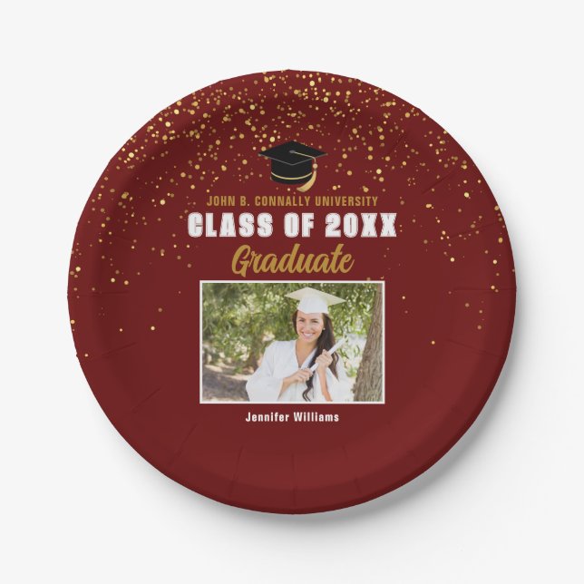 Maroon Gold Graduate Photo Chic Graduation Party Paper Plates (Front)