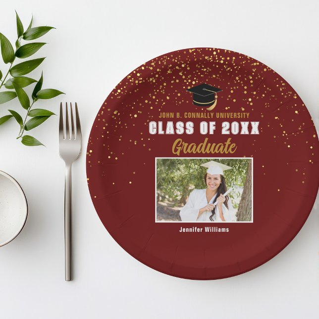 Maroon Gold Graduate Photo Chic Graduation Party Paper Plates (Creator Uploaded)
