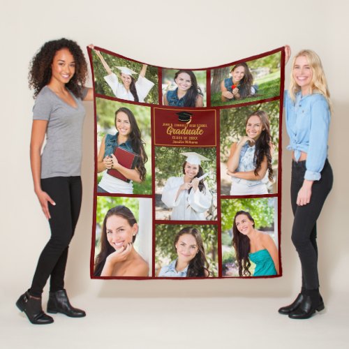 Maroon Gold Graduate Photo Collage 2024 Graduation Fleece Blanket