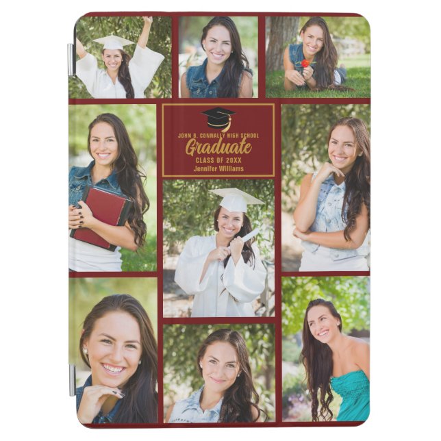 Maroon Gold Graduate Photo Collage 2024 Graduation iPad Air Cover (Front)