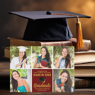 Maroon Gold Graduate Photo Collage Chic Graduation Announcement