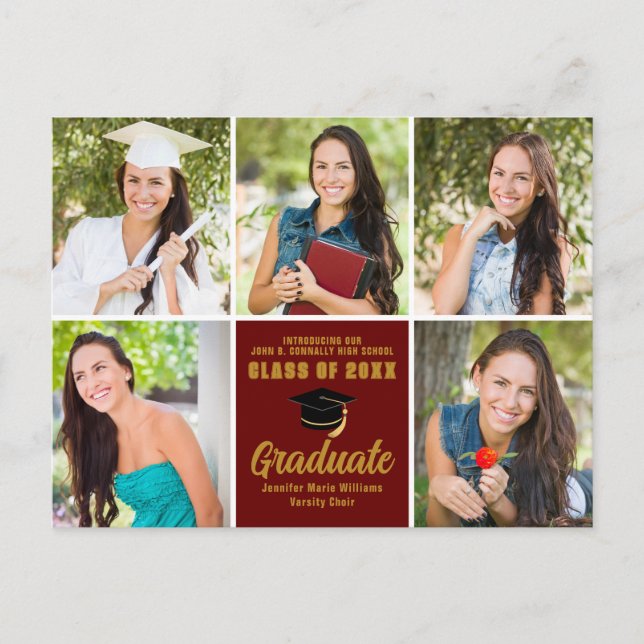 Maroon Gold Graduate Photo Collage Chic Graduation Postcard (Front)