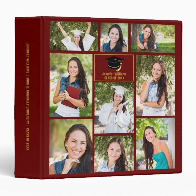 Maroon Gold Graduate Photo Collage Graduation 3 Ring Binder (Front/Spine)