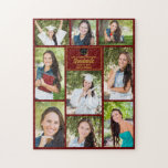 Maroon Gold Graduate Photo Collage Graduation Gift Jigsaw Puzzle<br><div class="desc">This modern maroon senior graduate photo collage puzzle features your favorite 9 student photographs. This graduation design features classy gold typography of your high school or college name for the class of 2025. Customize this keepsake gift with your graduating year below the black grad cap. It features 2 horizontal pictures,...</div>