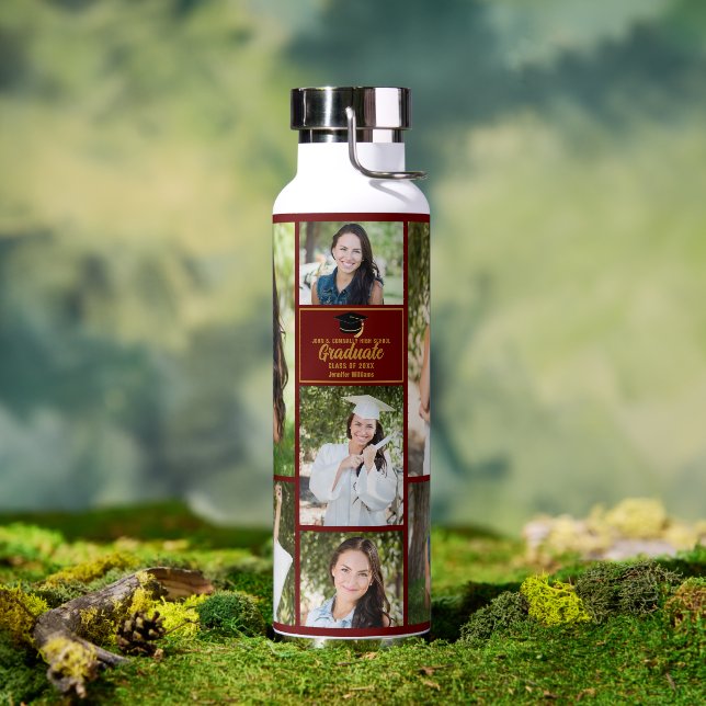 Maroon Gold Graduate Photo Collage Graduation Gift Water Bottle (Outdoor)