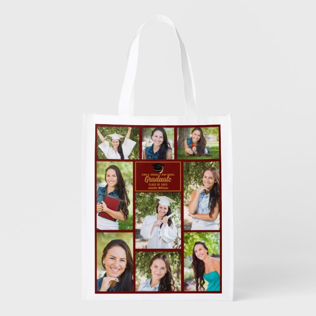 Maroon Gold Graduate Photo Collage Graduation Grocery Bag (Front)
