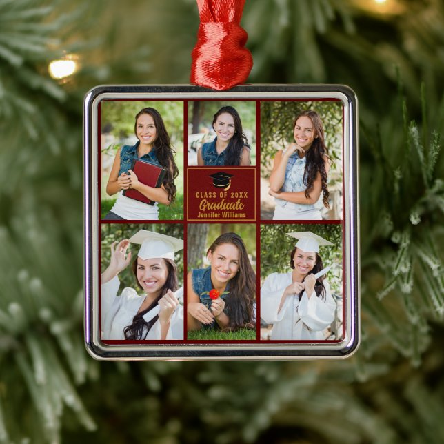 Maroon Gold Graduate Photo Collage Graduation Metal Ornament (Tree)