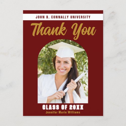 Maroon Gold Graduate Photo Graduation Thank You  Postcard