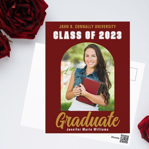 Maroon Gold Graduate Photo Modern Bold Graduation Postcard