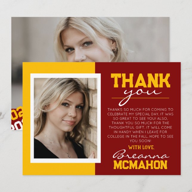 Maroon & Gold Graduation 2 Photo Thank You Card (Front/Back)