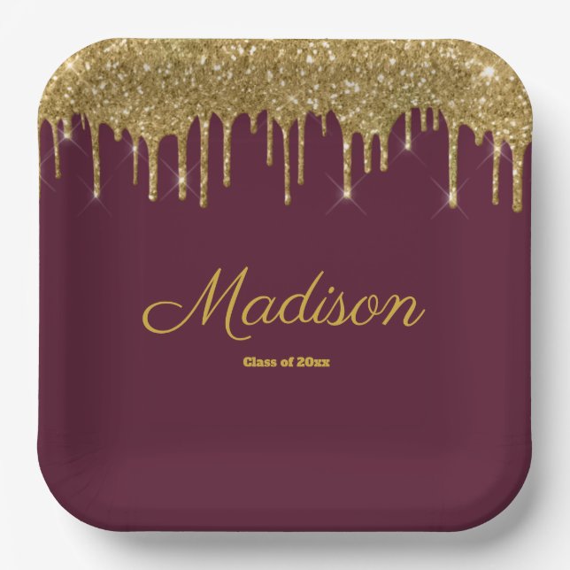 Maroon & Gold Graduation Party Grad Class of 2024 Paper Plates (Front)