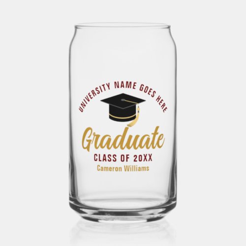 Maroon Gold Graduation Personalized Graduate Can Glass