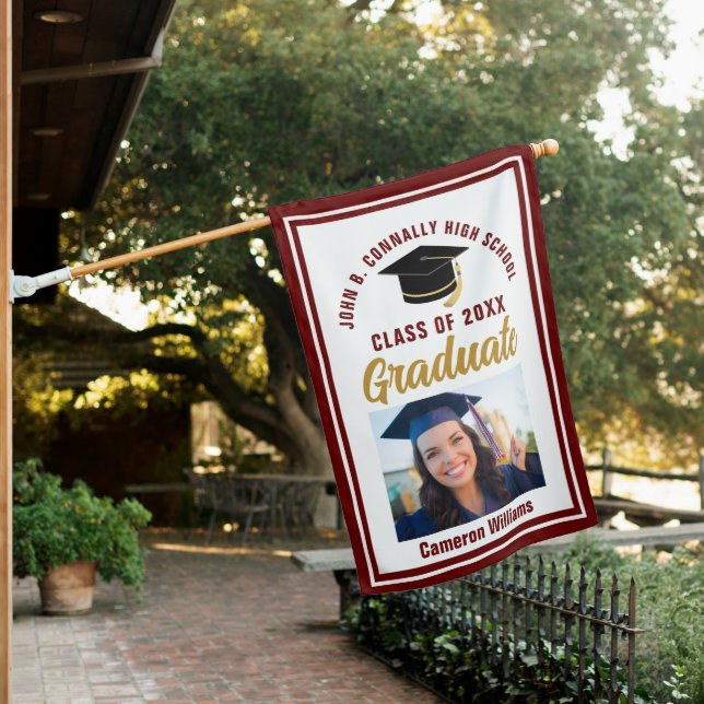 Maroon Gold Graduation Personalized Graduate Photo House Flag (In SItu)