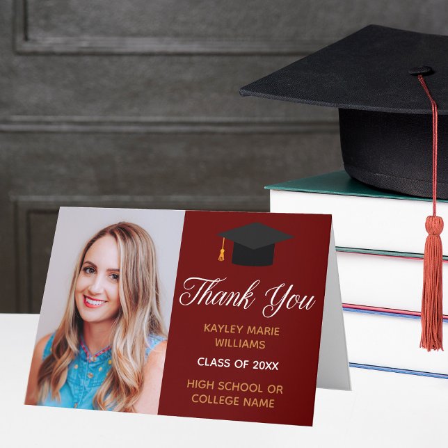 Maroon Gold Graduation Photo 2026 Graduate Thank You Card (Creator Uploaded)