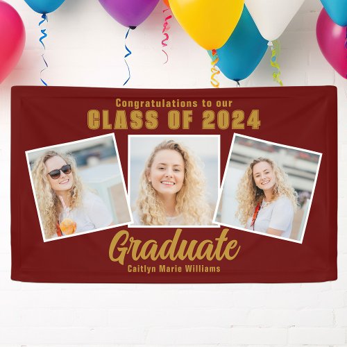 Maroon Gold Graduation Photo Collage 2024 Party Banner