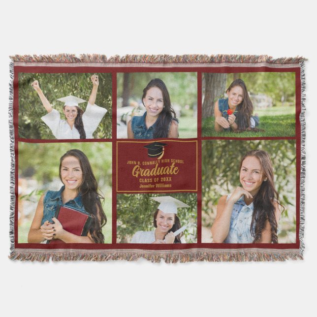 Maroon Gold Graduation Photo Collage Chic Custom Throw Blanket (Front)