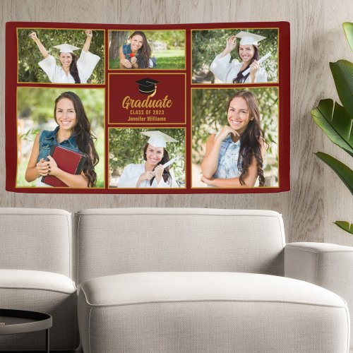 Maroon Gold Graduation Photo Collage Modern Party Banner