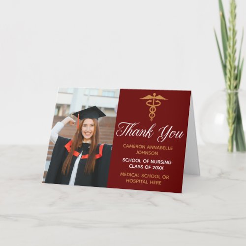 Maroon Gold Graduation Photo Medical School Thank You Card