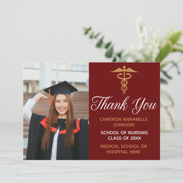 Maroon Gold Graduation Photo Nurse or Doctor Thank You Card (Standing Front)