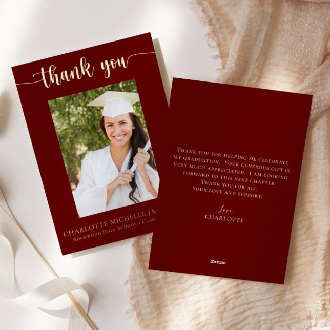 Maroon & Gold Graduation Photo Thank You Card (Creator Uploaded)