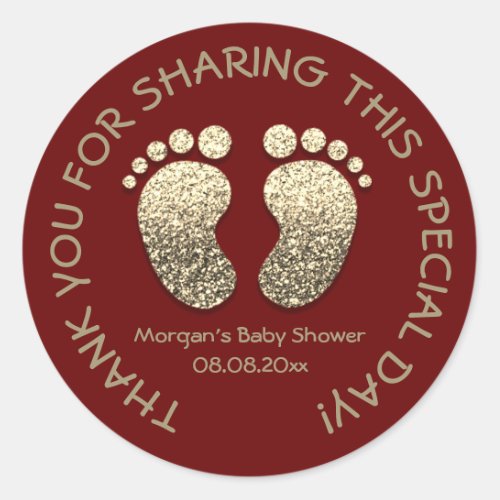 Maroon Gold Heart Feet Baby Shower Favor Thank You Classic Round Sticker