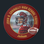 Maroon Gold High School Football Player Photo Magnet<br><div class="desc">This cool customized high school football player photo spirit magnet in maroon features gold typography of your team and player name. Personalize with your athlete name next to the ball.</div>